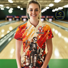 Load image into Gallery viewer, Woman wearing custom orange skeleton &amp; beer bowling polo shirt, front view mockup, personalized bowling league jersey.