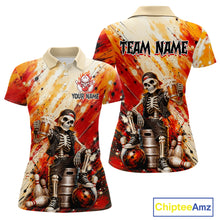 Load image into Gallery viewer, Custom orange skeleton &amp; beer bowling polo shirt, front and back views, bowling league jersey for women