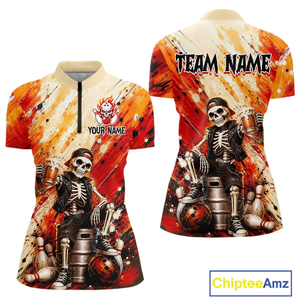 Custom orange skeleton & beer bowling quarter-zip shirt, front and back views, bowling league jersey for women