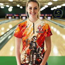 Load image into Gallery viewer, Woman wearing custom orange skeleton &amp; beer bowling 1/4 zip shirt, front view mockup, personalized bowling league jersey.