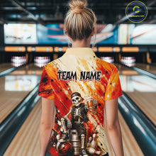 Load image into Gallery viewer, Woman wearing custom orange skeleton &amp; beer bowling polo shirt, back view mockup, personalized bowling league jersey.