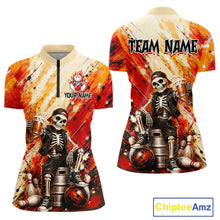 Load image into Gallery viewer, Custom orange skeleton &amp; beer bowling quarter-zip shirt, front and back views, bowling league jersey for women