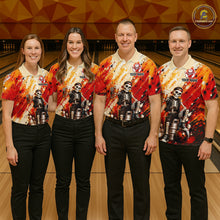 Load image into Gallery viewer, Bowling team wearing custom orange skeleton &amp; beer bowling shirts, group front view mockup, personalized team jerseys.
