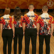 Load image into Gallery viewer, Bowling team wearing custom orange skeleton &amp; beer bowling shirts, group back view mockup, personalized team jerseys.