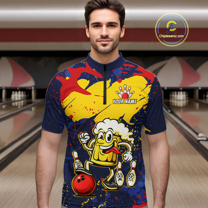 Red & Yellow Funny Beer Bowling Shirt Custom Navy Bowling Jersey for Men Bowling Team QZT811