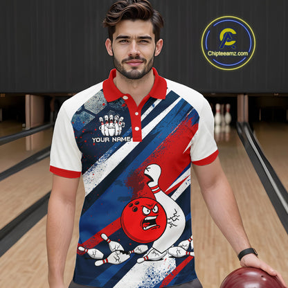 Red Blue & White Crazy Bowling Ball Pin Men Bowling Team Shirt Bowling League Jersey QZT814