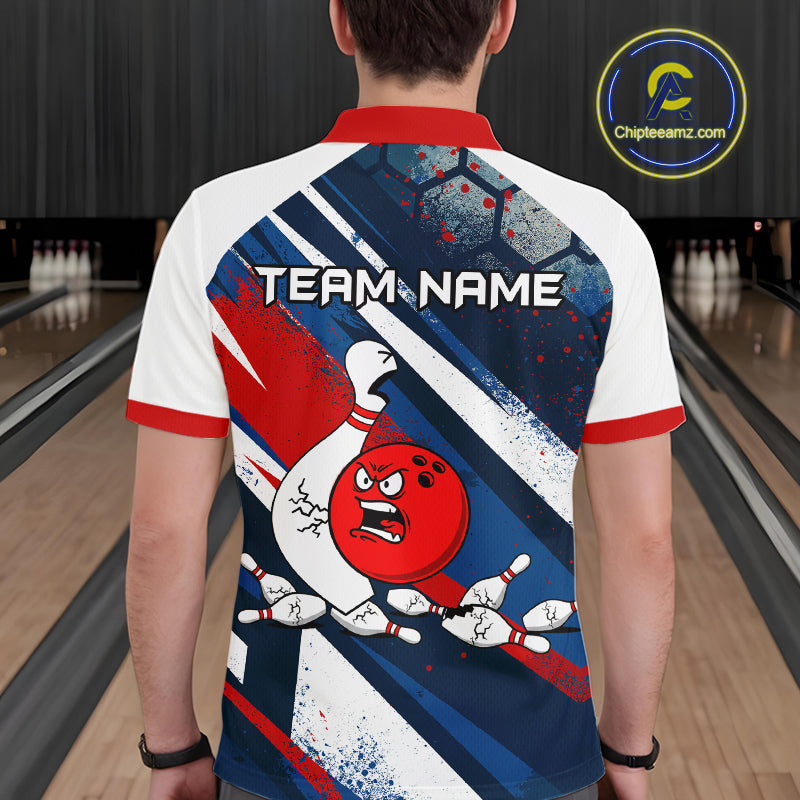 Red Blue & White Crazy Bowling Ball Pin Men Bowling Team Shirt Bowling League Jersey QZT814