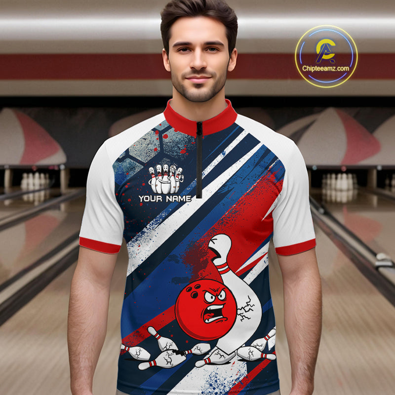 Red Blue & White Crazy Bowling Ball Pin Men Bowling Team Shirt Bowling League Jersey QZT814
