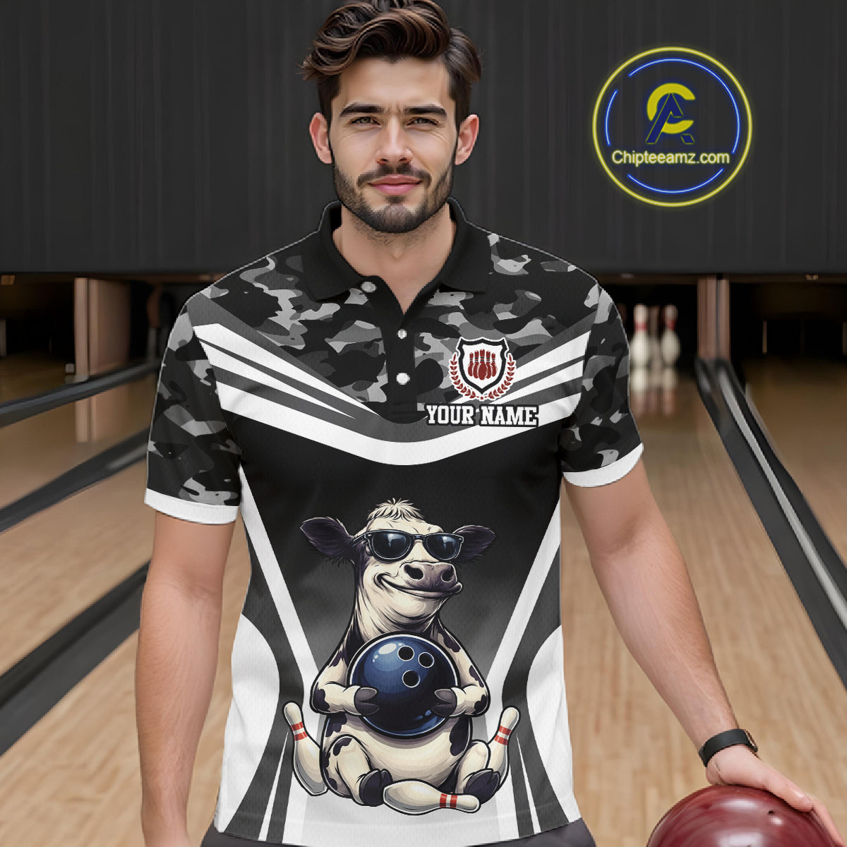 Custom Funny Cow Bowling Shirt for Men Camo Bowling League Jersey Polo & Quarter-Zip QZT871
