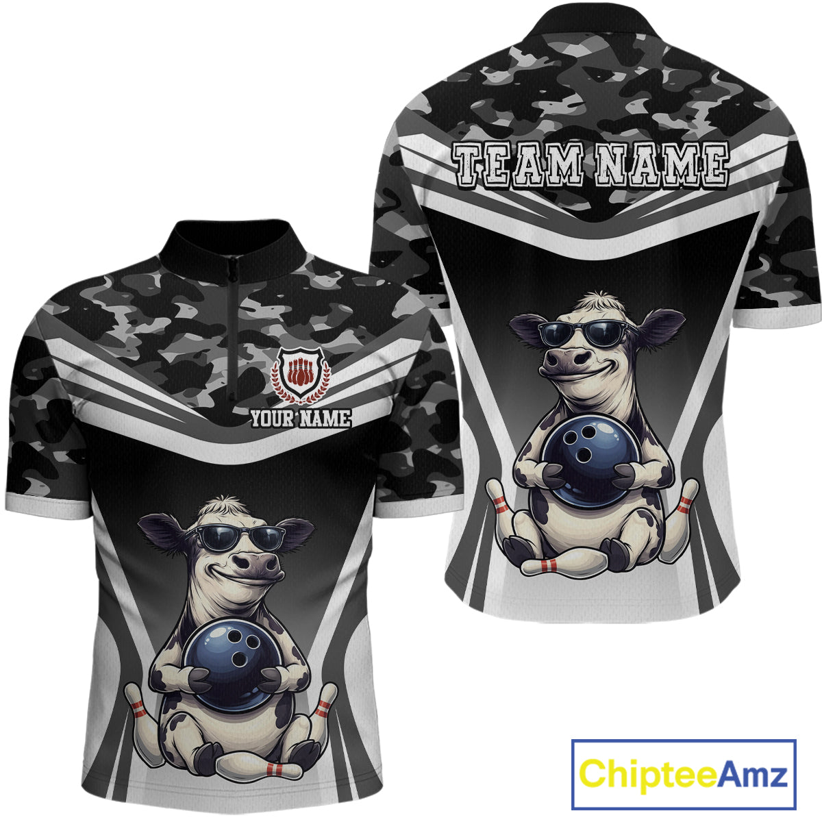 Custom Funny Cow Bowling Shirt for Men Camo Bowling League Jersey Polo & Quarter-Zip QZT871