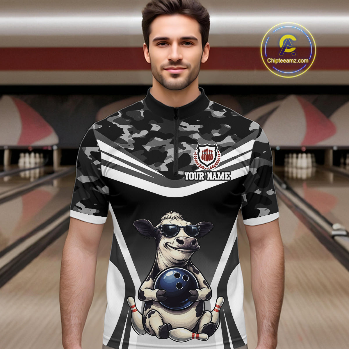 Custom Funny Cow Bowling Shirt for Men Camo Bowling League Jersey Polo & Quarter-Zip QZT871