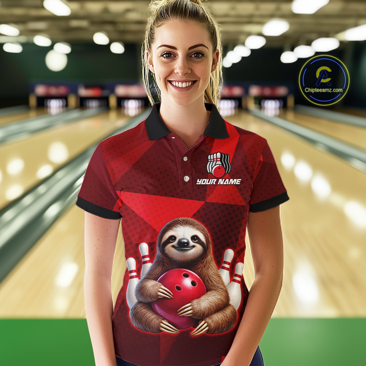 Red Funny Sloth Bowling Shirt for Women Custom Bowling Jersey Polo & Quarter-Zip Bowling Outfit QZT995