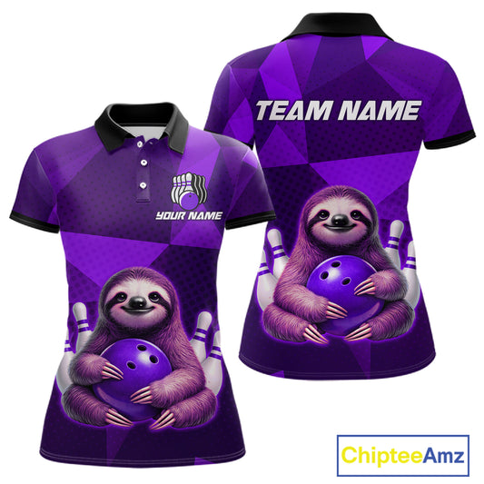 Purple Funny Sloth Bowling Shirt for Women Custom Bowling Jersey Polo & Quarter-Zip Bowling Outfit QZT995