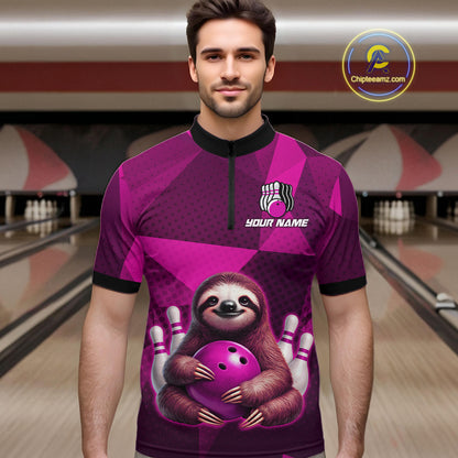 Pink Funny Sloth Bowling Shirt for Men Custom Bowling Jersey Polo & Quarter-Zip Bowling Outfit QZT995