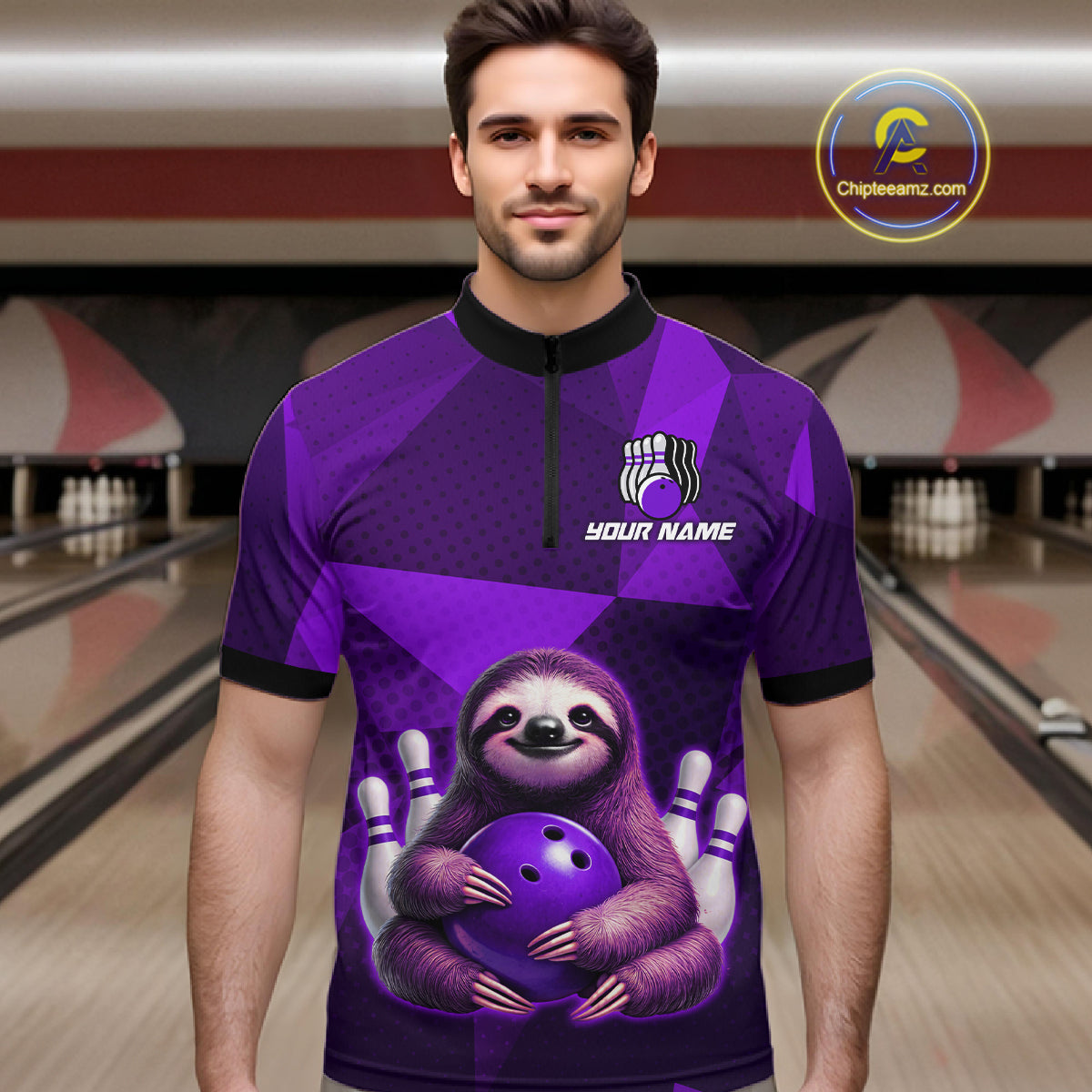 Purple Funny Sloth Bowling Shirt for Men Custom Bowling Jersey Polo & Quarter-Zip Bowling Outfit QZT995