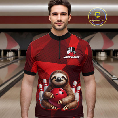 Red Funny Sloth Bowling Shirt for Men Custom Bowling Jersey Polo & Quarter-Zip Bowling Outfit QZT995