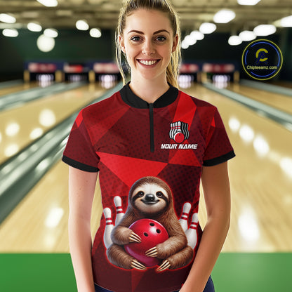 Red Funny Sloth Bowling Shirt for Women Custom Bowling Jersey Polo & Quarter-Zip Bowling Outfit QZT995