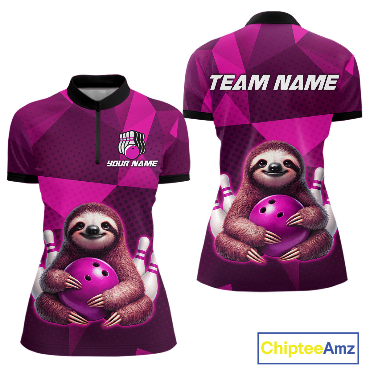 Pink Funny Sloth Bowling Shirt for Women Custom Bowling Jersey Polo & Quarter-Zip Bowling Outfit QZT995
