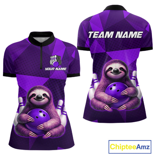 Purple Funny Sloth Bowling Shirt for Women Custom Bowling Jersey Polo & Quarter-Zip Bowling Outfit QZT995