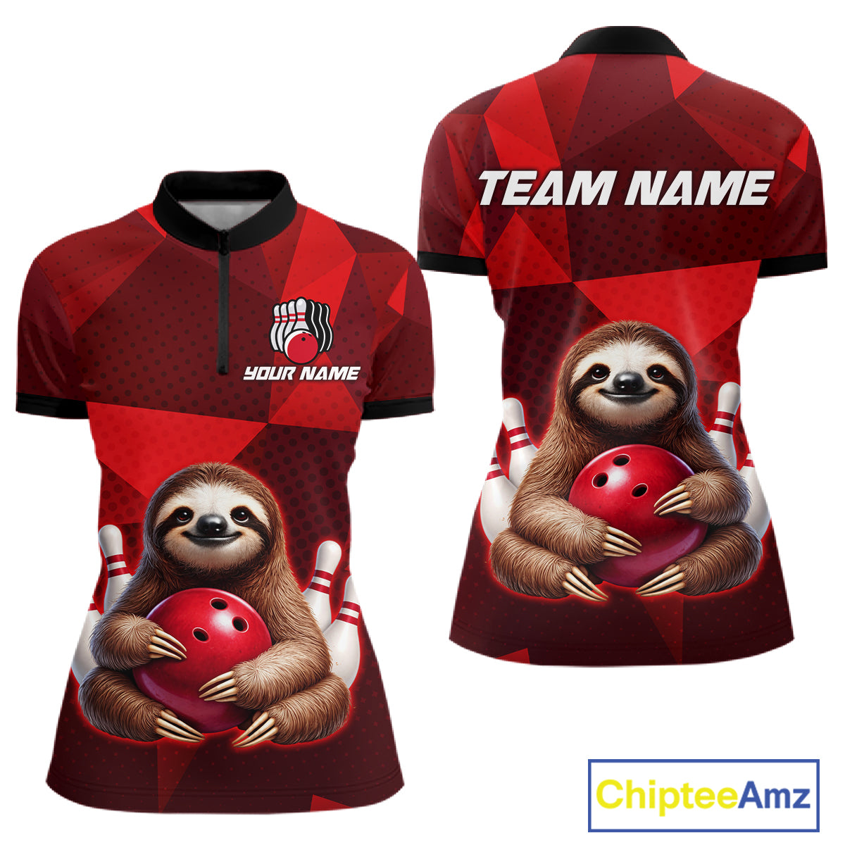 Red Funny Sloth Bowling Shirt for Women Custom Bowling Jersey Polo & Quarter-Zip Bowling Outfit QZT995