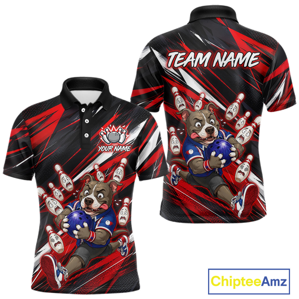 Custom red pit bull bowling polo shirt, front and back views, bowling league jersey for men