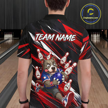 Load image into Gallery viewer, Man wearing custom red pit bull bowling polo shirt, back view mockup, personalized bowling league jersey.
