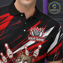 Load image into Gallery viewer, Close-up collar view of custom red pit bull bowling polo shirt with personalized name detail.