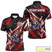 Load image into Gallery viewer, Custom red pit bull bowling polo shirt, front and back views, bowling league jersey for men