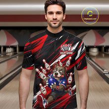 Load image into Gallery viewer, Man wearing custom red pit bull bowling 1/4 zip shirt, front view mockup, personalized bowling league jersey.