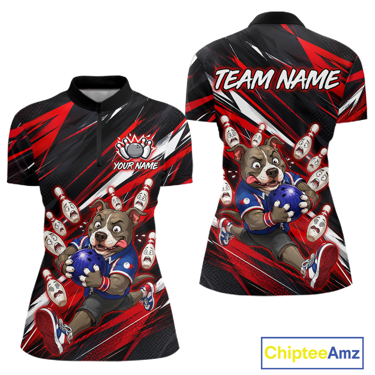 Custom red pit bull bowling quarter-zip shirt, front and back views, bowling league jersey for men
