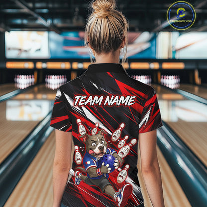 Woman wearing custom red pit bull bowling polo shirt, back view mockup, personalized bowling league jersey.