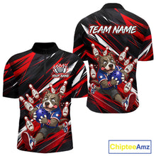 Load image into Gallery viewer, Custom red pit bull bowling quarter-zip shirt, front and back views, bowling league jersey for men