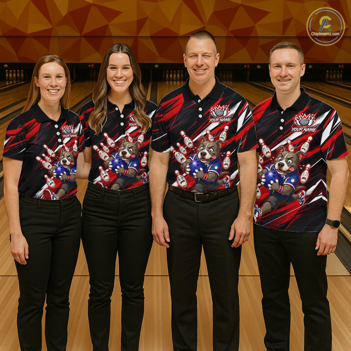 Bowling team wearing custom red pit bull bowling shirts, group front view mockup, personalized team jerseys.