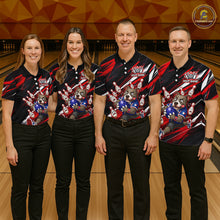 Load image into Gallery viewer, Bowling team wearing custom red pit bull bowling shirts, group front view mockup, personalized team jerseys.