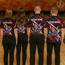 Load image into Gallery viewer, Bowling team wearing custom red pit bull bowling shirts, group back view mockup, personalized team jerseys.