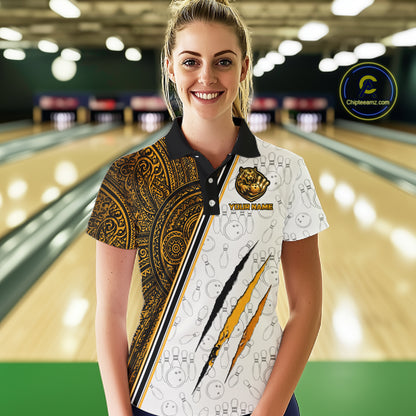 Woman wearing custom yellow tribal tiger  bowling polo shirt, front view mockup, personalized bowling league jersey.