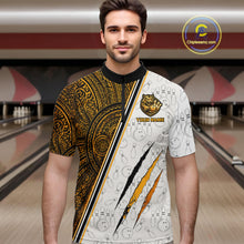 Load image into Gallery viewer, Man wearing custom yellow tribal tiger bowling 1/4 zip shirt, front view mockup, personalized bowling league jersey.