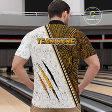 Load image into Gallery viewer, Man wearing custom yellow tribal tiger bowling 1/4 zip shirt, back view mockup, personalized bowling league jersey.
