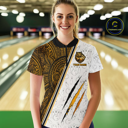Woman wearing custom yellow tribal tiger bowling 1/4 zip shirt, front view mockup, personalized bowling league jersey.
