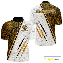 Load image into Gallery viewer, Custom yellow tribal tiger bowling quarter-zip shirt, front and back views, bowling league jersey for men
