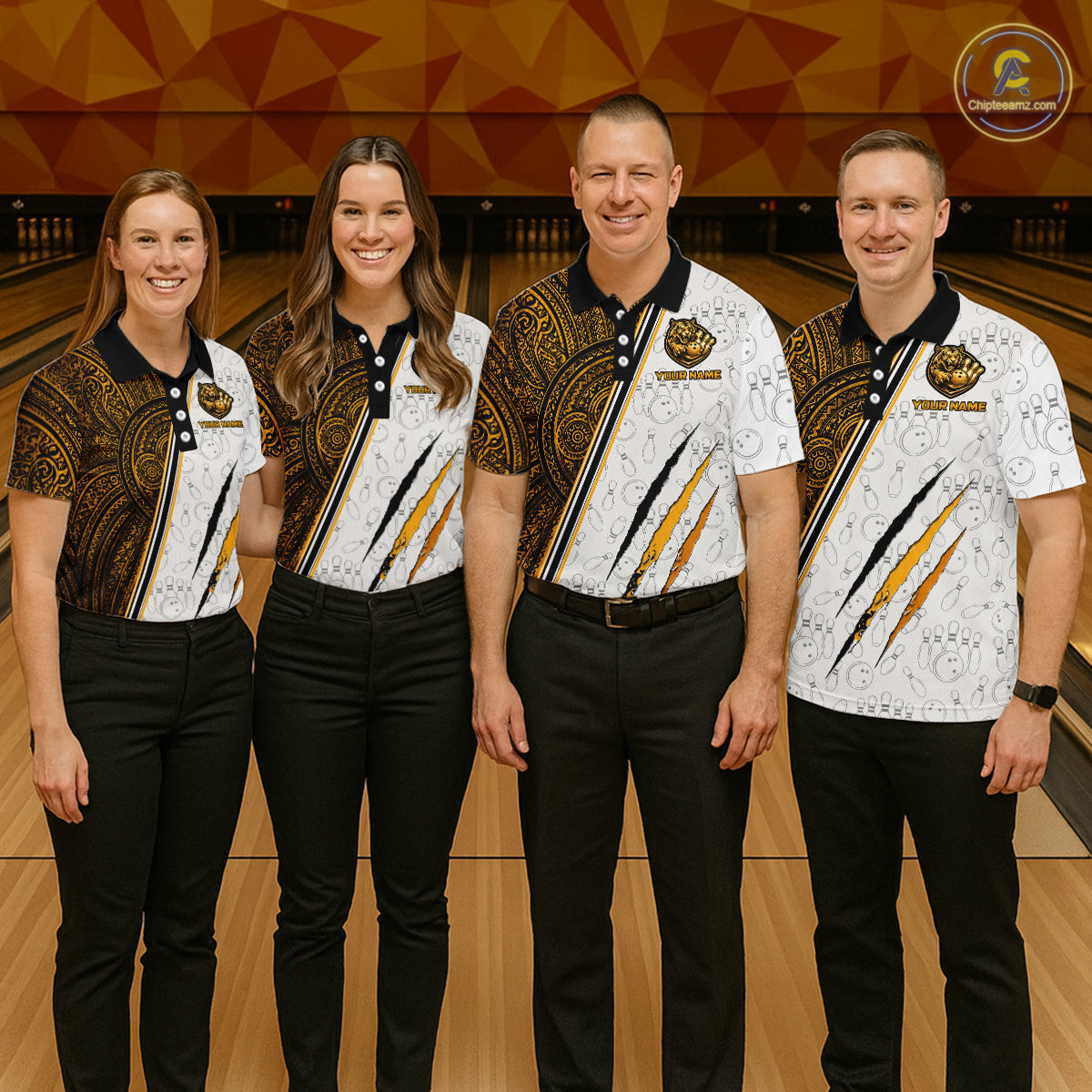 Bowling team wearing custom yellow tribal tiger bowling shirts, group front view mockup, personalized team jerseys.