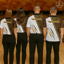 Load image into Gallery viewer, Bowling team wearing custom yellow tribal tiger bowling shirts, group back view mockup, personalized team jerseys.
