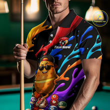 Load image into Gallery viewer, Person wearing a colorful polo shirt with a pool-themed design, holding a pool cue.