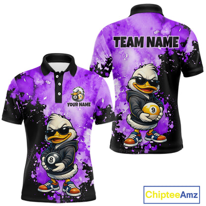 Front and back views of a custom short-sleeve polo shirt featuring a cartoon duck character in a black jacket and sunglasses, holding pool balls, with a purple and black watercolor splatter design. The front shows a customizable logo area reading 'YOUR NAME', and the back displays 'TEAM NAME'.