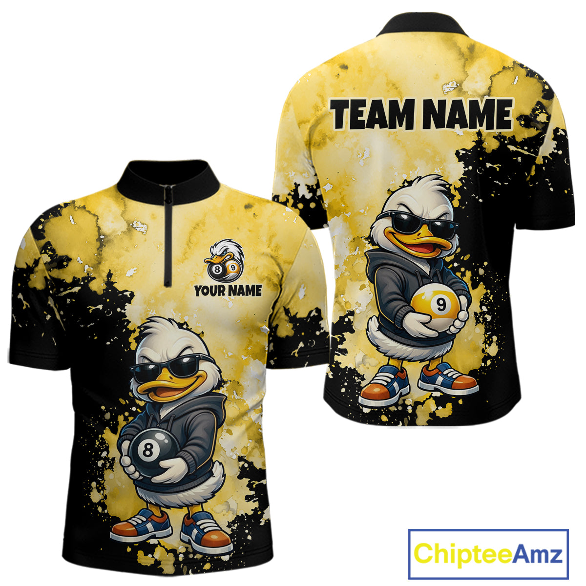Front and back views of a short-sleeve quarter-zip performance shirt featuring a cartoon duck mascot in a black hoodie holding pool balls, on a yellow and black splatter background. The front shows placeholder text 'YOUR NAME' and 'TEAM NAME' on the back.