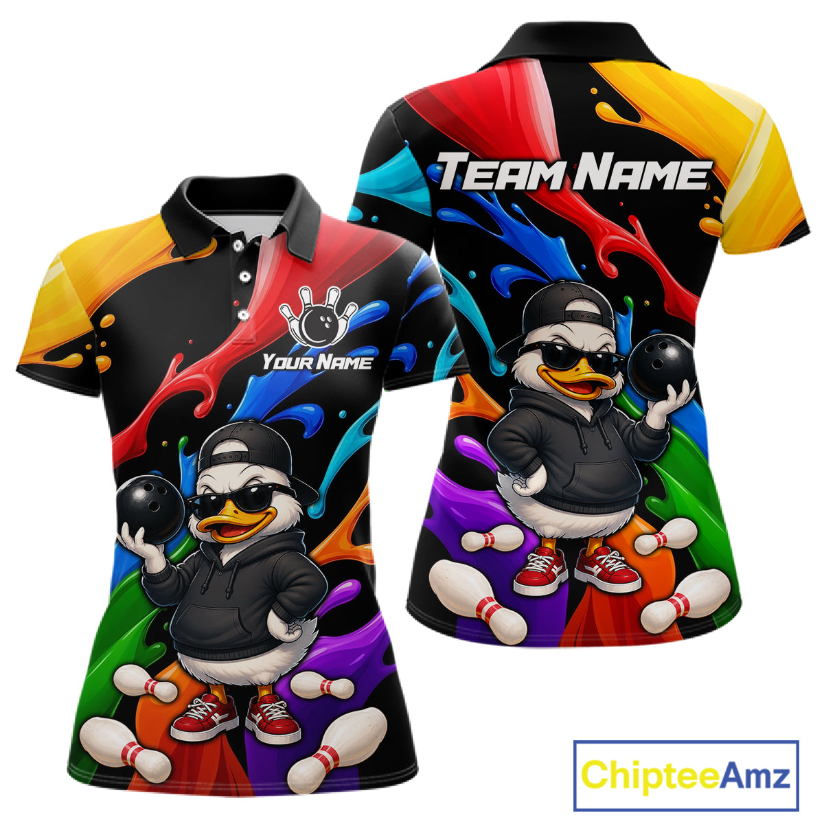 Customizable short-sleeve polo shirt shown from the front and back, featuring a colorful rainbow splash design and a cartoon duck character wearing a black hoodie, sunglasses, and bowling balls. Includes 'TEAM NAME' and 'YOUR NAME' text placeholders.