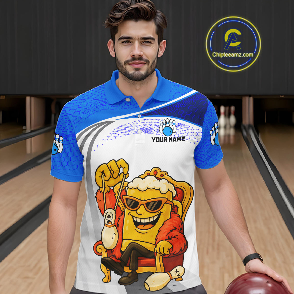Custom Funny Blue Beer Polo Bowling Team Shirt for Men Quarter-Zip Bowling Jersey Outfit QZT820