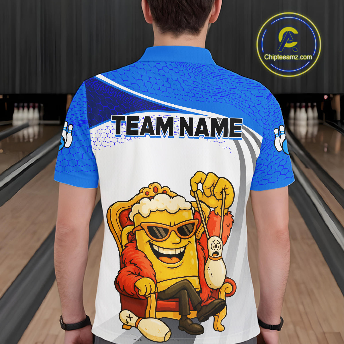Custom Funny Blue Beer Polo Bowling Team Shirt for Men Quarter-Zip Bowling Jersey Outfit QZT820