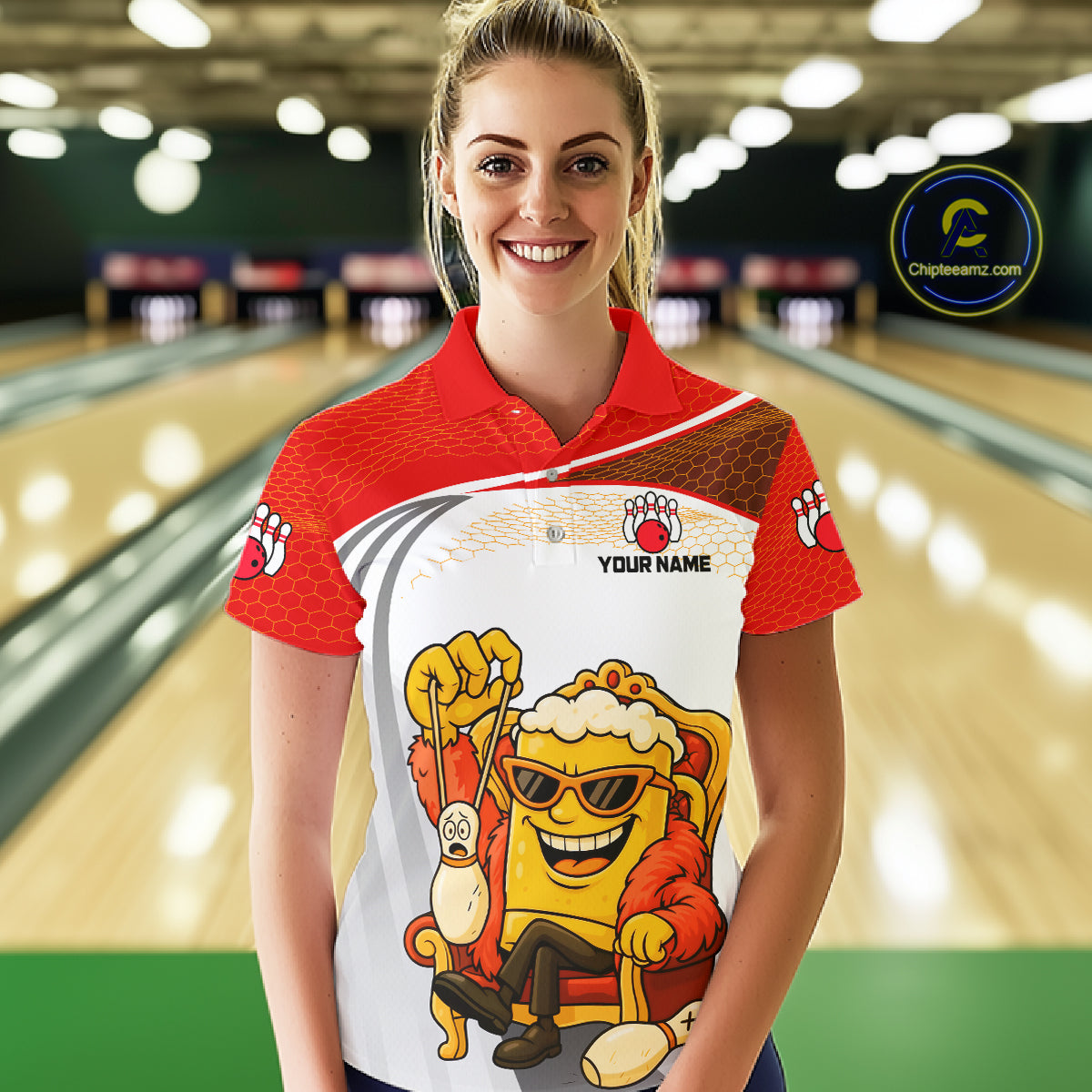 Custom Funny Red Beer Polo Bowling Team Shirt for Women Quarter-Zip Bowling Jersey Outfit QZT820