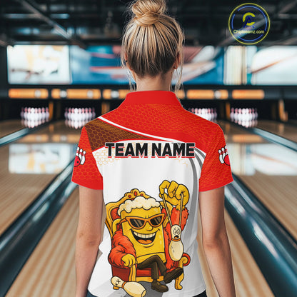 Custom Funny Red Beer Polo Bowling Team Shirt for Women Quarter-Zip Bowling Jersey Outfit QZT820